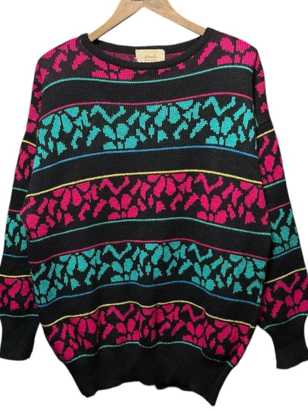 vintage 80s pink blue teal black retro funky abstract crewneck casual sweater